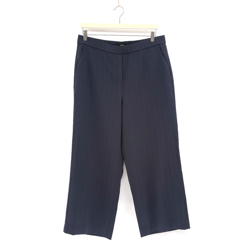 Theory Pants Admiral Cropped Relax Straight Pull On Women 10 Navy Blue Career